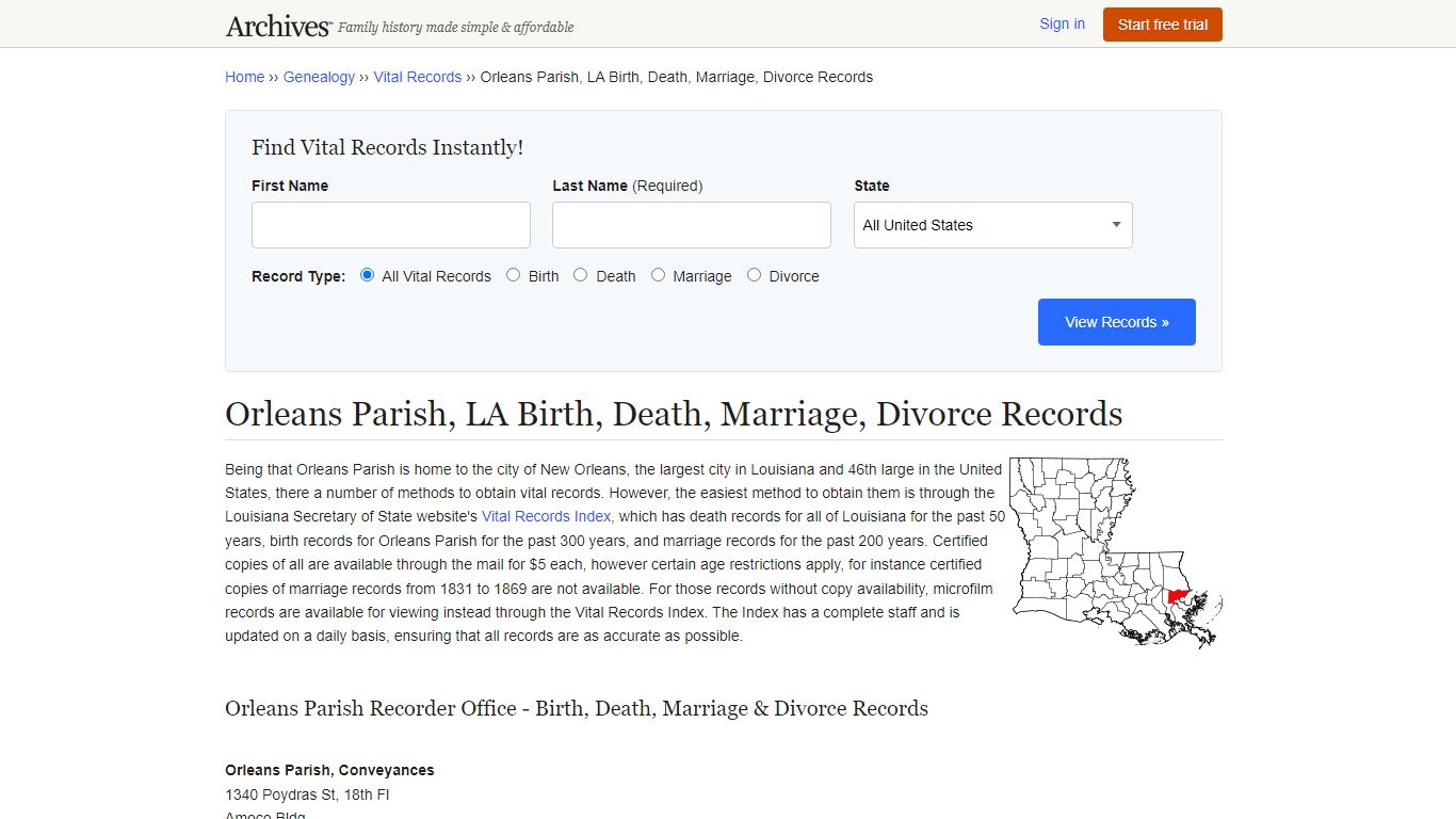 Orleans Parish, LA Birth, Death, Marriage, Divorce Records